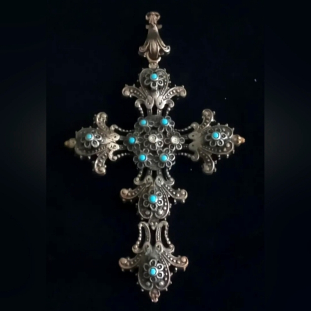 Vtg Double Sided Cross Medallion Gothic Pendant with Turquoise Accents 3"